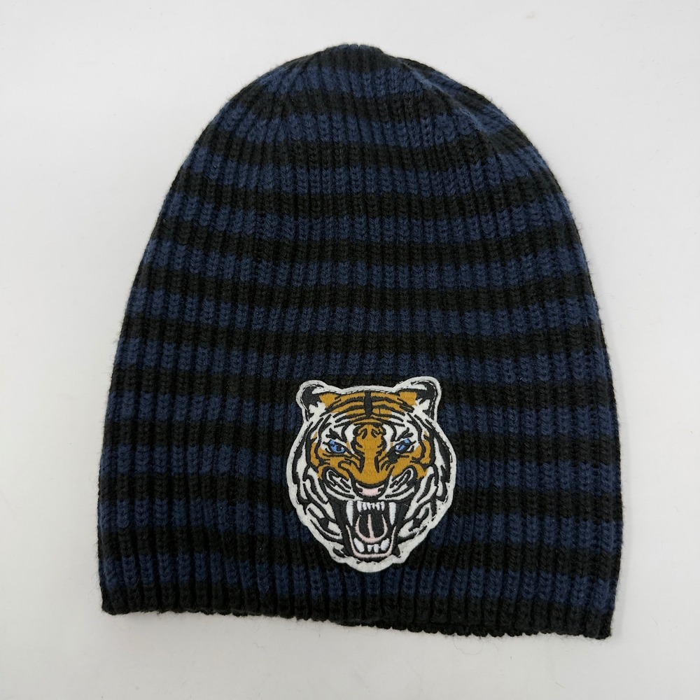 Gap Blue Black‎ Striped Ribbed Knit Beanie Hat Tiger Patch Embroidered OS Unisex